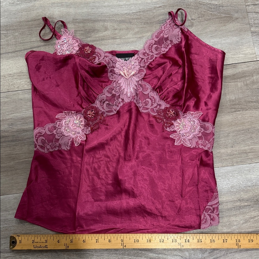 Bisou Bisou Vintage Camisole -Sz 12-Fairy Mermaidcore Satin Lace Beaded Top Y2K - Picture 11 of 12